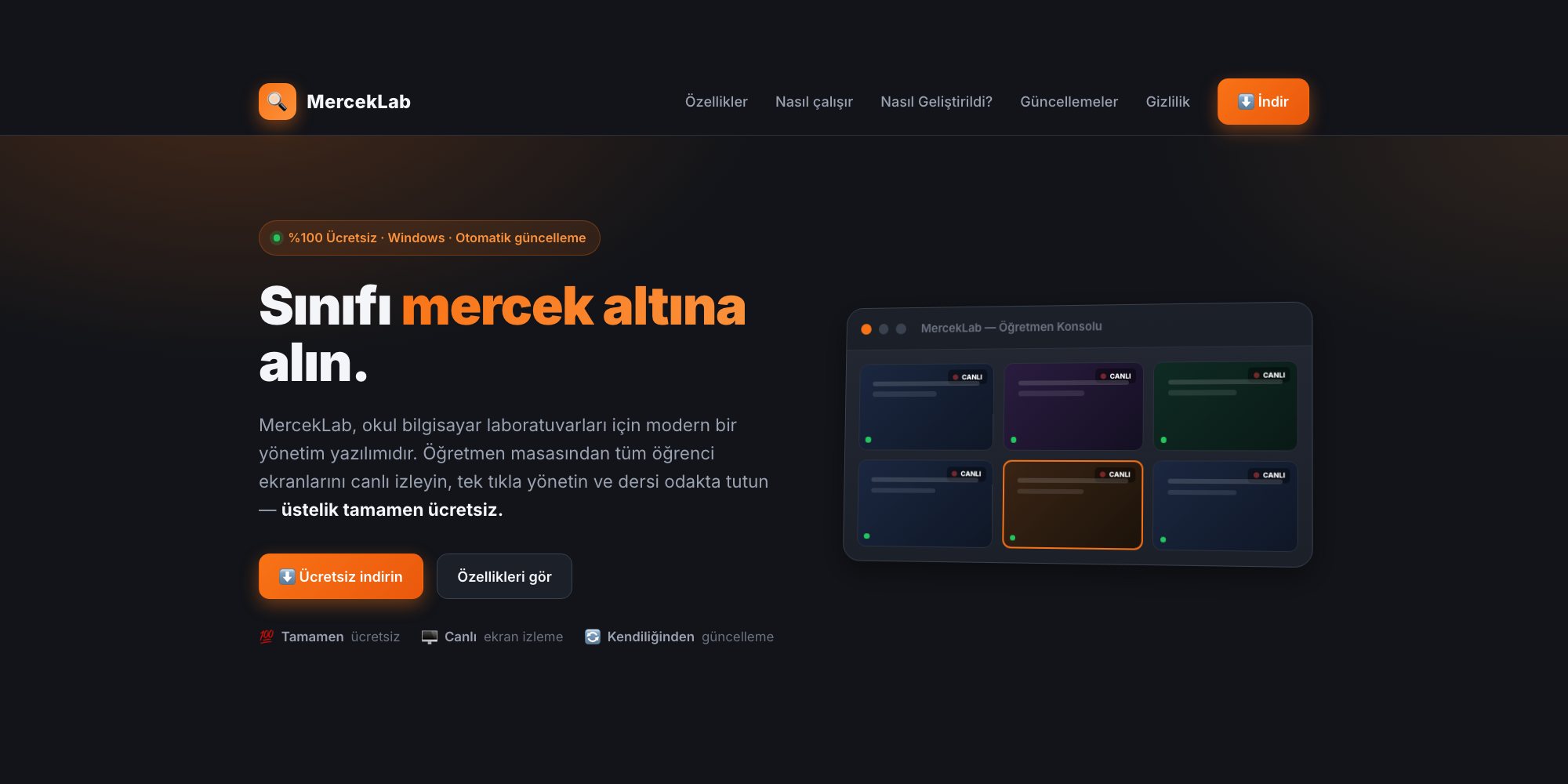 MercekLab tanıtım sitesi: öğretmen konsolunda canlı öğrenci ekranları